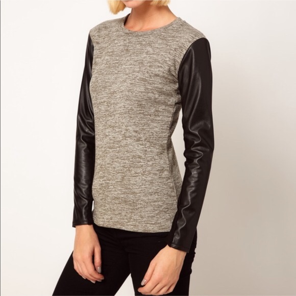 ASOS Faux Leather Sleeve Heather Gray Top A203 - Picture 2 of 8